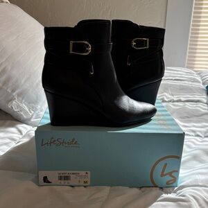Life Stride Black Wedge Ankle Boots with Gold Buckle- NIB